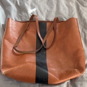 Madewell Tan Leather Tote with Black Stripe